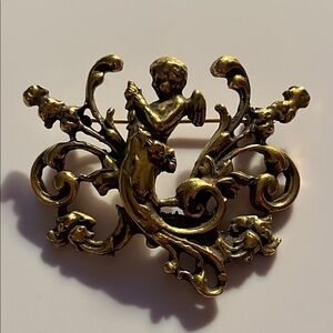 Vintage Gold Gilt Art nouveau Cherub Brooch ACCESSOCRAFT NYC Rare Find